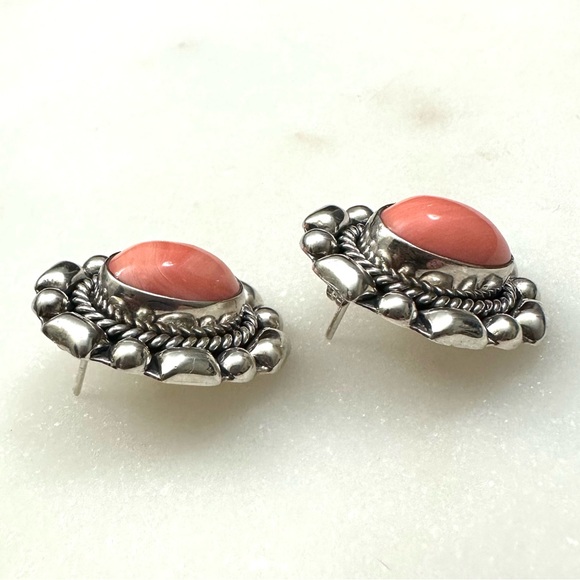 Pink Coral Vintage Oval Cabochon Solid Sterling Silver Post Earrings - Picture 3 of 13
